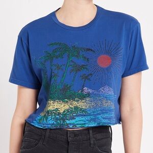 Mother Denim The Slouch Cut Off Tee | Blue Graphic T-Shirt with Tropical Print